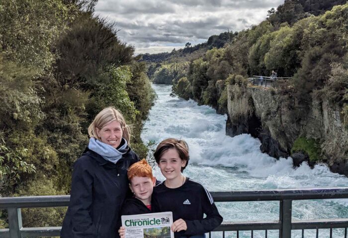 The Bryden-Brown Family - Aimy, Jason, Jake and Ian (as photographer) took the Manor Park Chronicle to New Zealand this September. In this photo, Aimy and the boys are seen at Huka Falls which feeds Lake Taupo, New Zealand's largest lake.