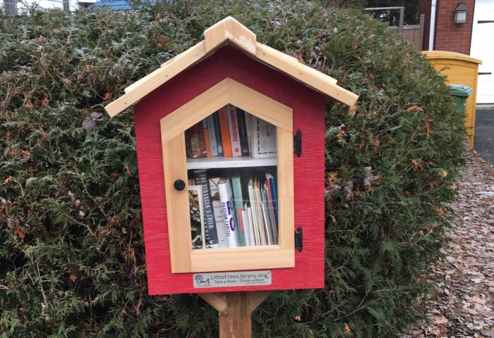 This image shows Andrea Stewart and her husband John Delacourt's little library on Hemlock Rd.