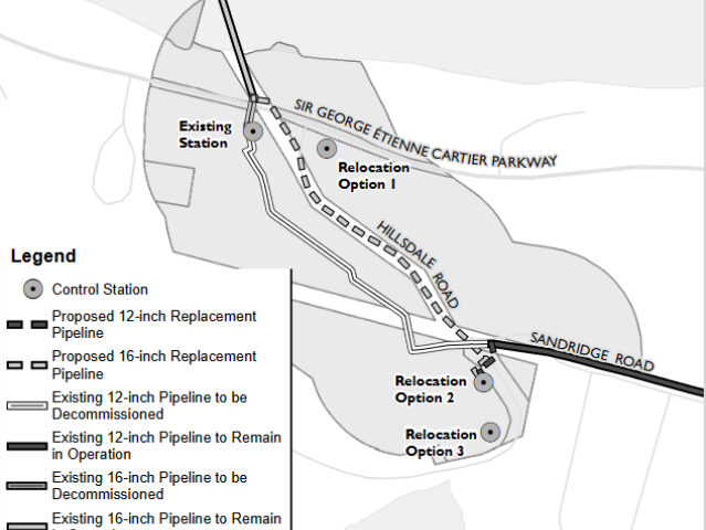 Screenshot of Enbridge gas map of proposed pressure control station relocation sites presented during July 12 2023 public information session.