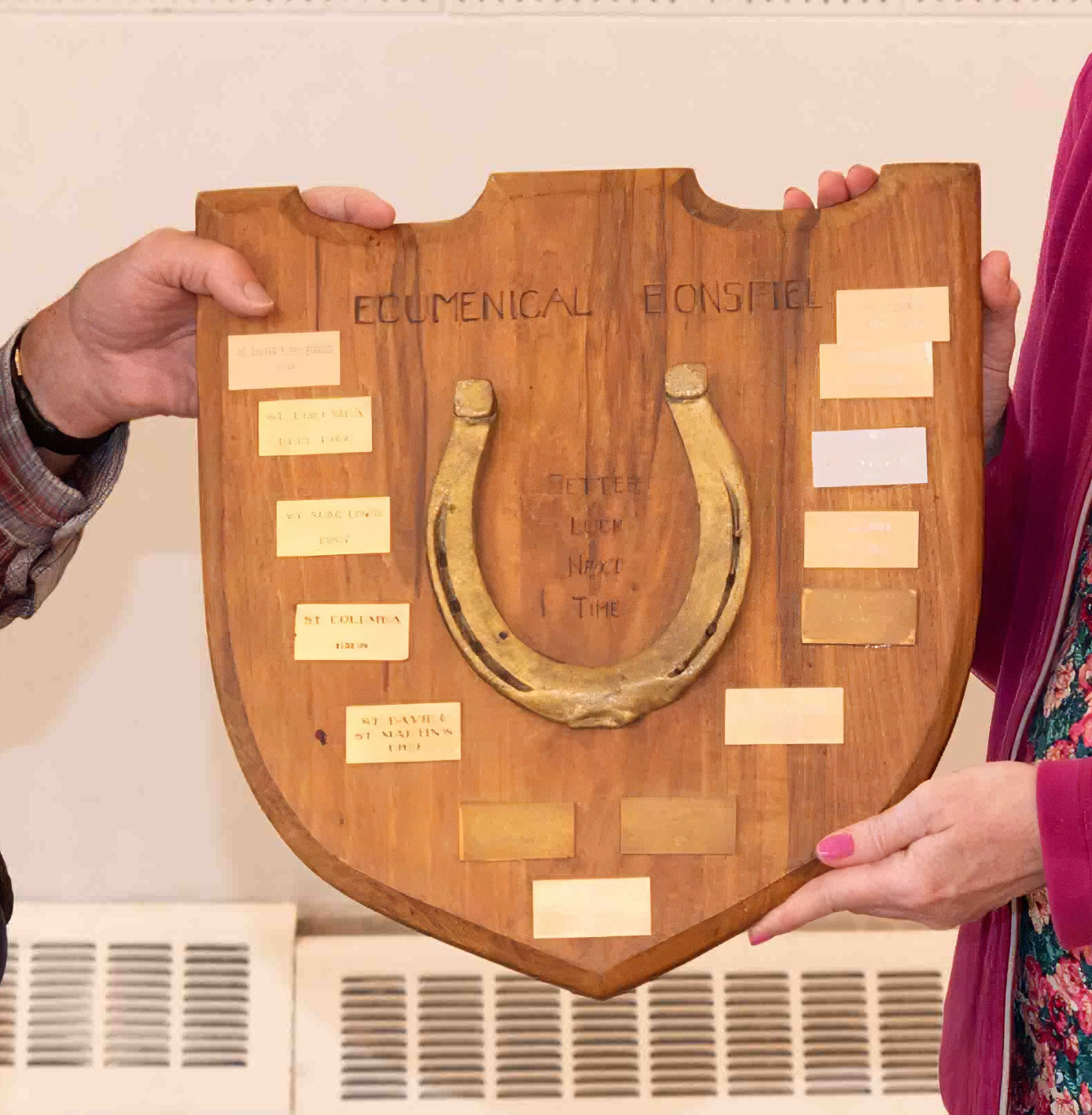 The Ecumenical Bonspiel trophy tracked the results of a curling rivalry across 38 years Photo: Doug Banks