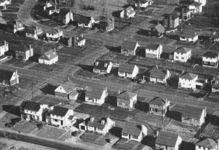 An aerial view of a burgeoning Manor Park in the 1950s. Our (Sharleen's!) best guess is that today's Anthony Vincent Park is top left centre, followed by (in descending order) Bedford Cres. intersecting Farnham Cres. followed by Dunvegan Rd.and a strip of Birch Ave. at the very bottom. Photo from Canada Yearbook