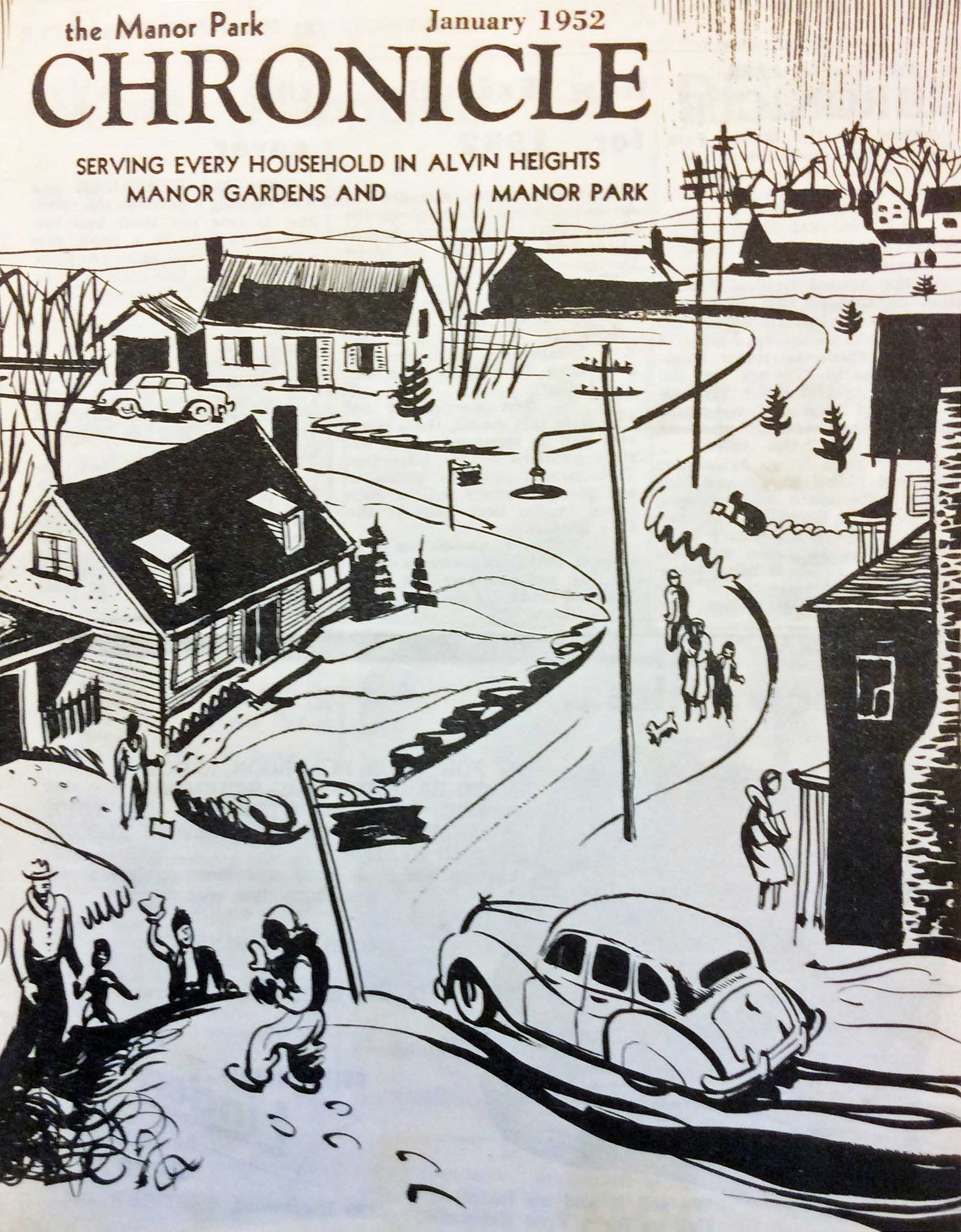 Many of the Chronicle’s early covers were sketches. This line drawing is by Alvin Heights resident and well-known Canadian war artist Tom Wood who was trying to capture “Manor Park in January”. Photo archives