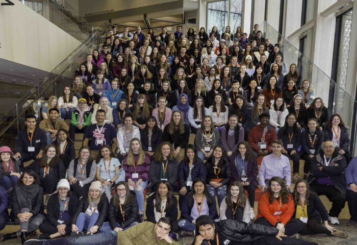 The final group of Encounters with Canada students posed at the main stairway in March 2020 during “Medicine and Health” week. The following week, the world shut down with restrictions imposed by the COVID-19 pandemic. Photo supplied by Historica Canada