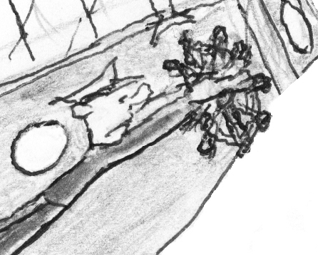 “ . . . But the elements were not on my side. The ship continued to slip off course. Alarmed, I gave the wheel another turn and still the rudder, pushed by wind and wave, failed to respond. The needle kept moving in the wrong direction and the ship’s side was increasingly exposed to the gale . . . ” Illustration: Jim Graham