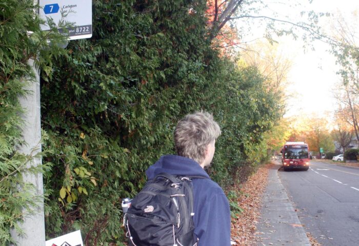 Manor Park resident Marleau Brown prepares to board the 7 (Carleton) bus at a stop off Hemlock Road. PHOTO: RYLAND COYNE