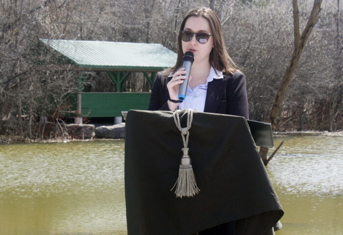 Macoun Marsh reopening ceremony emcee, and project coordinator, Erika Wagner addresses the crowd on Earth Day, April 22. PHOTO: RYLAND COYNE