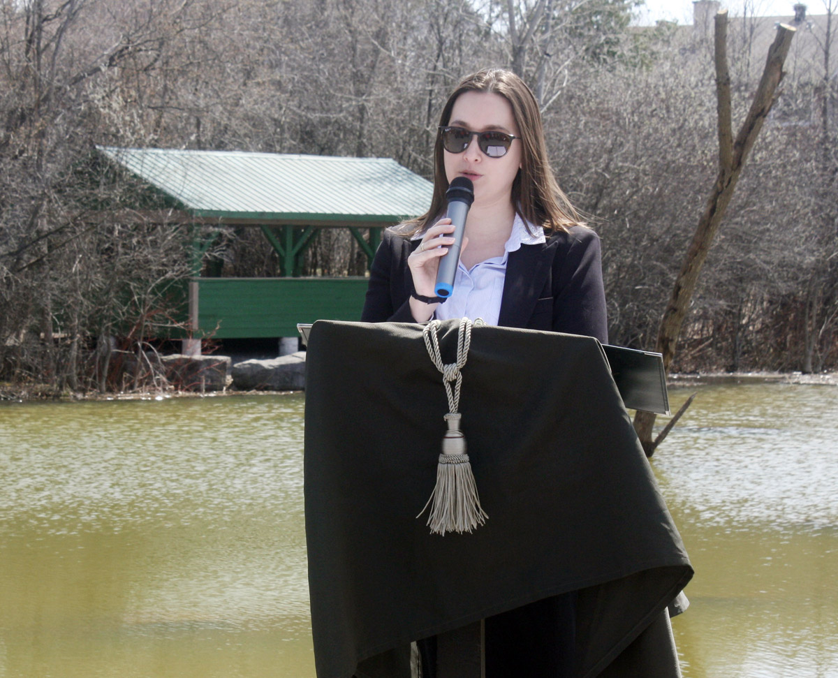 Macoun Marsh reopening ceremony emcee, and project coordinator, Erika Wagner addresses the crowd on Earth Day, April 22. PHOTO: RYLAND COYNE