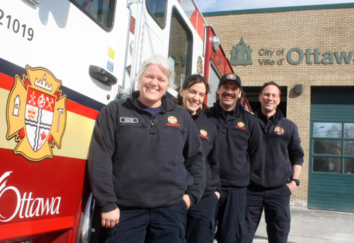 One of the four dedicated crews working out of Ottawa Fire Station 57 on Beechwood Avenue are, left to right, Capt. Tracey Fields, Laurence (Larry) Lemieux, Chris Lee and Tim Bernardi. PHOTO: RYLAND COYNE