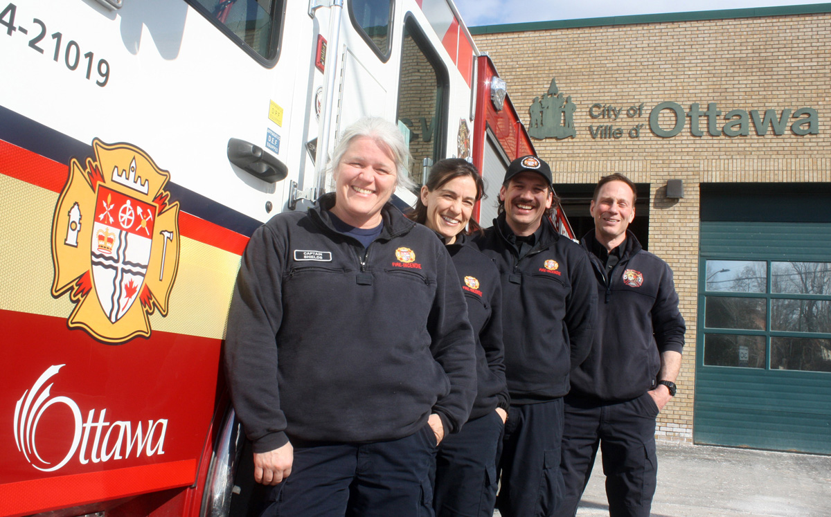 One of the four dedicated crews working out of Ottawa Fire Station 57 on Beechwood Avenue are, left to right, Capt. Tracey Fields, Laurence (Larry) Lemieux, Chris Lee and Tim Bernardi. PHOTO: RYLAND COYNE